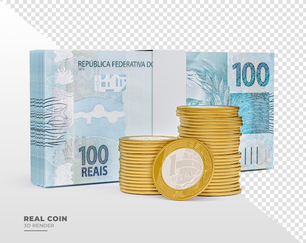 PSD nota de 100 reais do brasil com moeda de 1 real em renderização 3d realista com fundo transparente