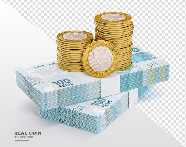 Nota de 100 reais do brasil com moeda de 1 real em renderização 3d realista com fundo transparente