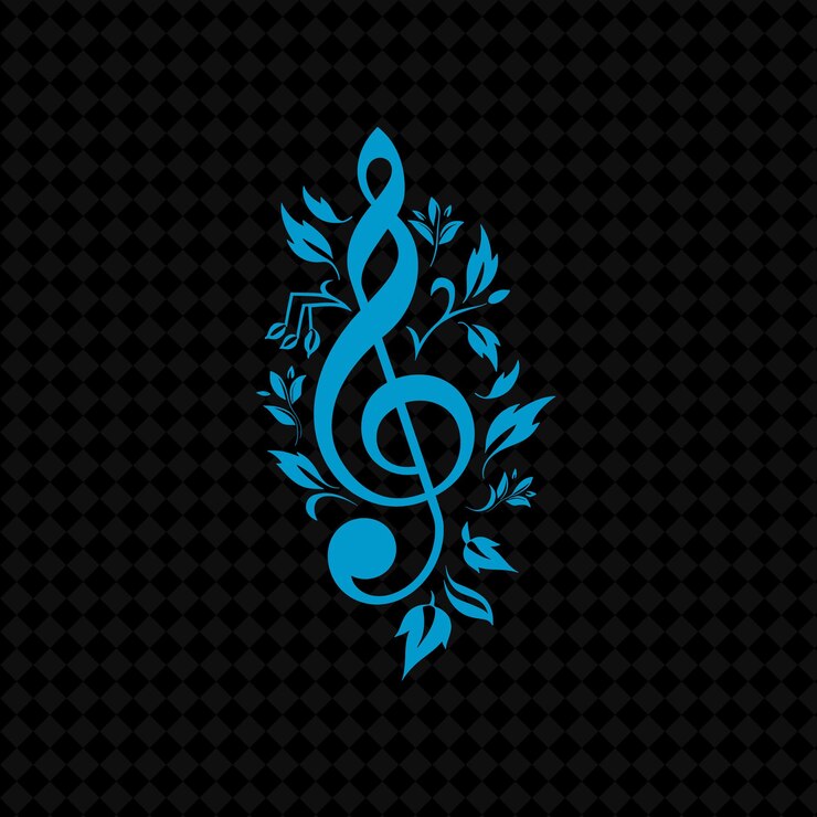 PSD una nota musical azul con un patrón floral en un fondo negro