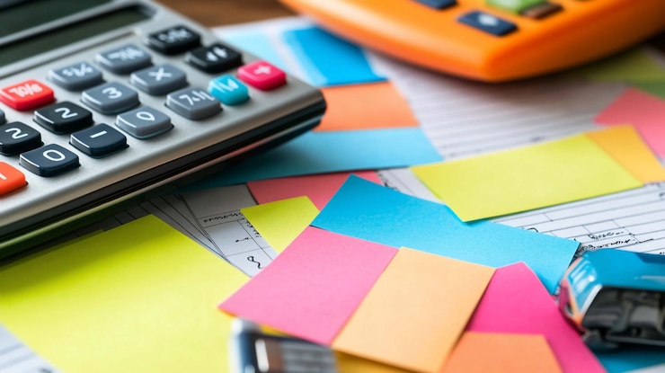 PSD notas adhesivas coloridas y calculadora en el papeleo