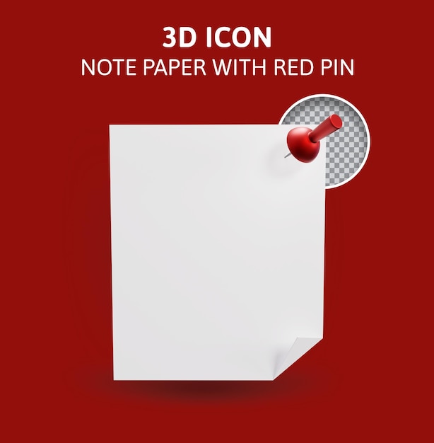 note papier avec broche rouge illustration de rendu 3d