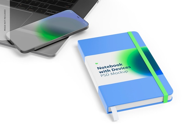 Notebook com mockup de dispositivos, vista esquerda