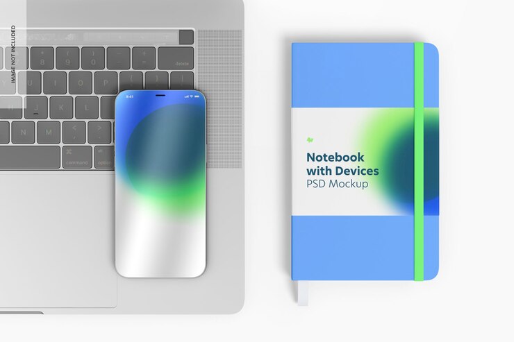 Notebook com mockup de dispositivos, vista superior