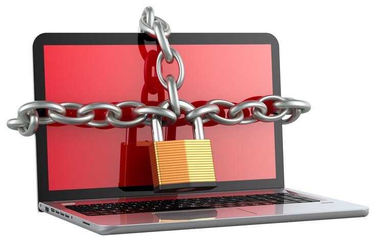 PSD notebook computer with chain and padlock 3d rendering isolated on transparent background