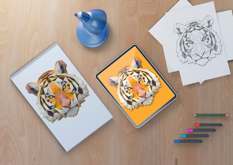 PSD notebook e tablet mock-up con disegno di tigre
