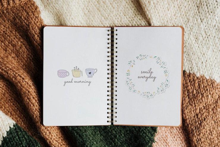 PSD notebook-mockup mit kaffee-aufkleber