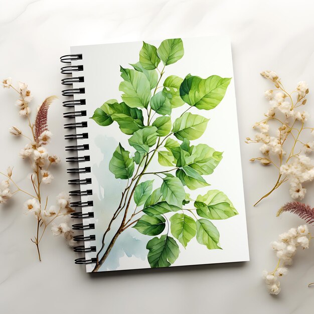 PSD notebook-mockup mit weißen blumen auf weißem hintergrund