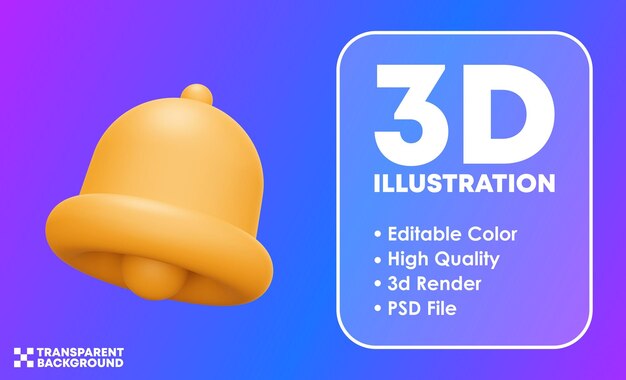 Notificación de icono de campana de color editable render 3d aislado