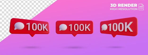 Notificación de icono de comentario de redes sociales 100k render 3d aislado
