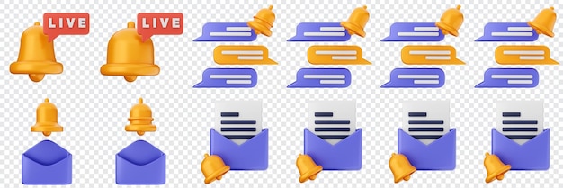 Notification 3D courrier chat notification alerte attention application cloche alarme rappel icône ensemble illustration de faisceau