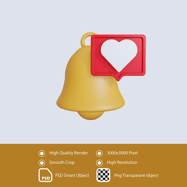 PSD notification de cloche d'illustration de rendu 3d avec amour