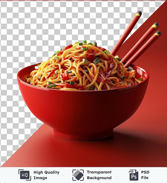 PSD des nouilles szechuan épicées servies dans un bol rouge avec des baguettes placées sur une table rouge avec une ombre sombre en arrière-plan
