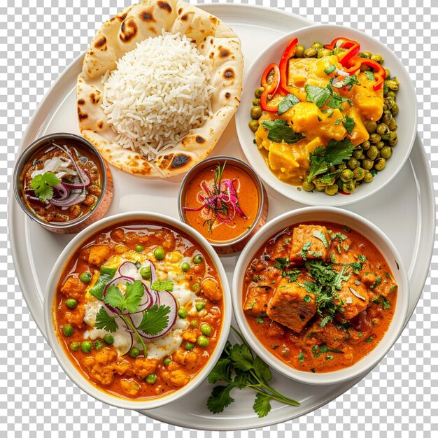 PSD nourriture indienne paneer roti nan cuisine indienne riz thali indien isolé sur un fond transparent