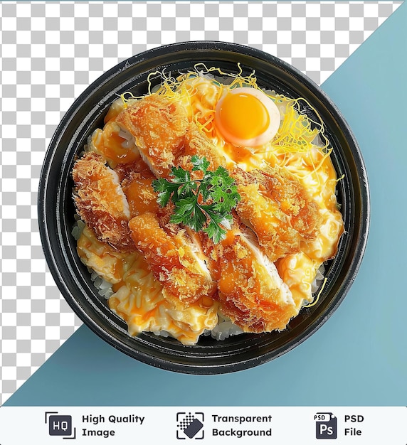 La Nourriture De Katsudon39 Est Présentée Sur Une Table Bleue Accompagnée D'un œuf Frit Et D'un Jaune Jaune.