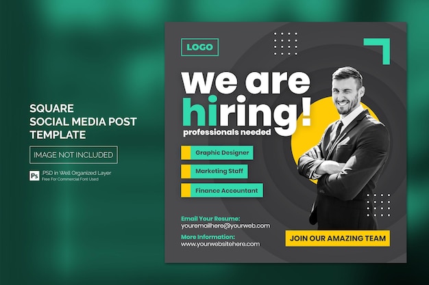 Nous embauchons une bannière carrée d'offre d'emploi ou un modèle de publication sur les réseaux sociaux