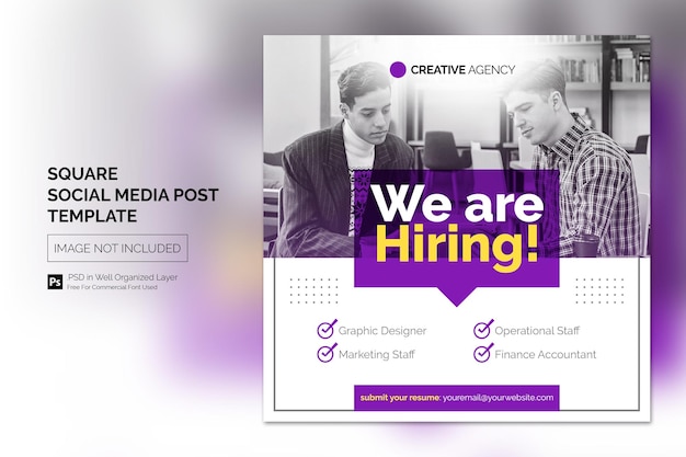Nous embauchons une bannière carrée d'offre d'emploi ou un modèle de publication sur les réseaux sociaux