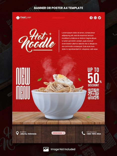 PSD nouveau menu de restaurant noodle affiche a4 ou modèle de bannière