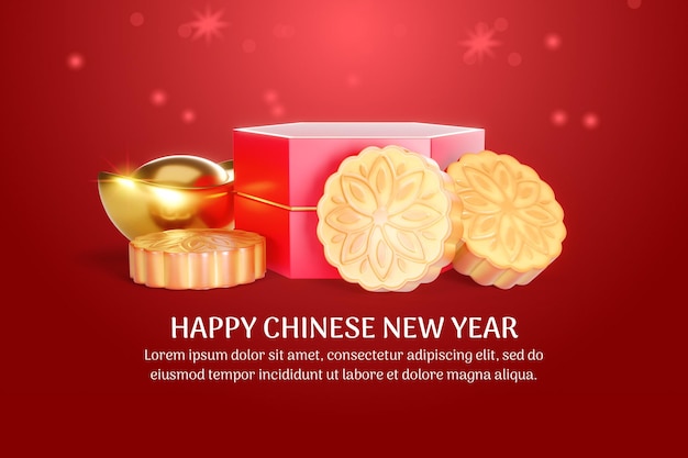 PSD nouvel an chinois avec décoration de gâteau de lune de rendu 3d