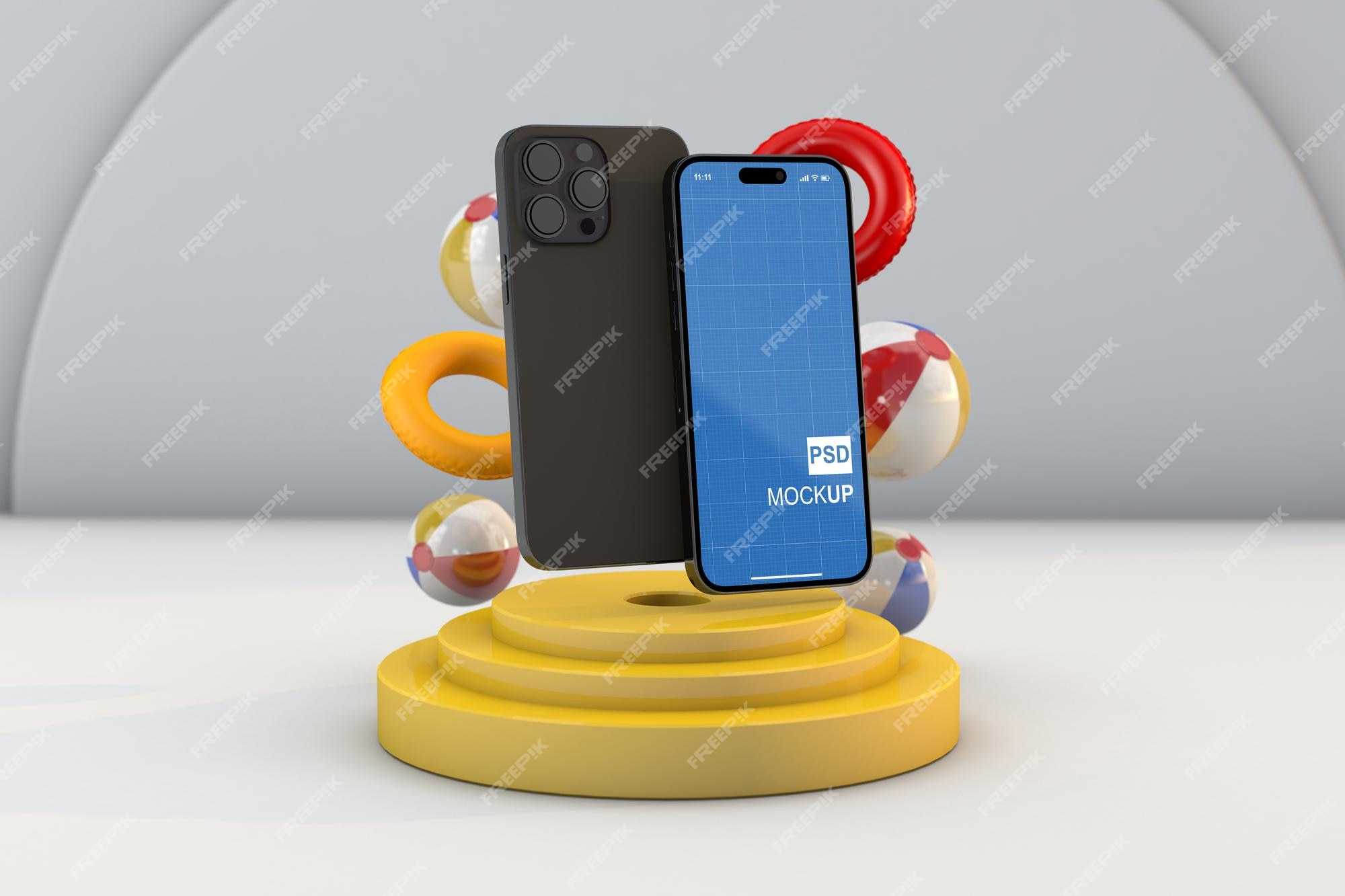 Nouvelle Maquette De Smartphone Avec Accessoire De Plage Et Podium