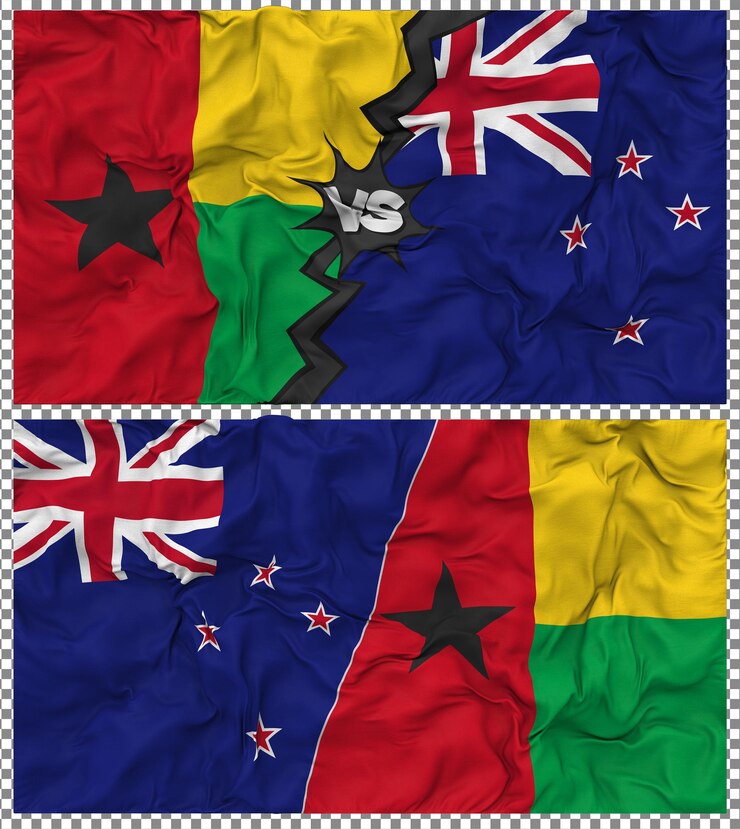 PSD nouvelle-zélande contre la guinée-bissau half combined flag cloth bump texture rendering 3d