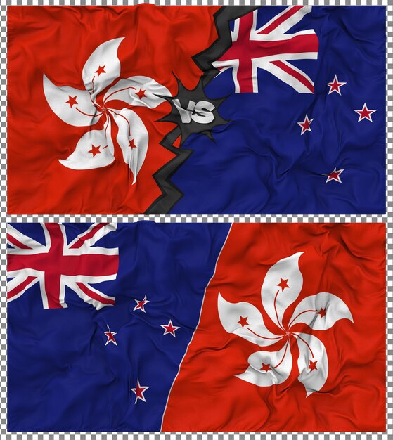 Nouvelle-Zélande contre Hong Kong Half Combined Flag Cloth Bump Texture Rendering 3D (en anglais)