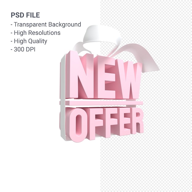 Nova oferta de venda em renderização de design 3D para promoção de venda com arco e fita isolados