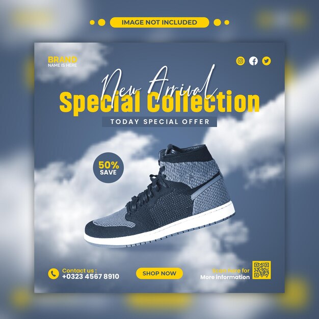 Nova venda de sapatos de chegada para modelo de banner de postagem em mídia social ou postagem quadrada no instagram