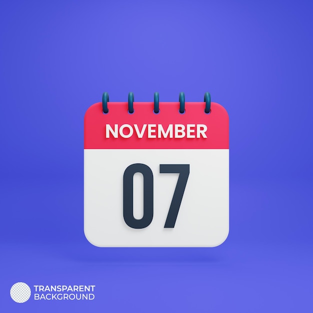 PSD novembre calendrier réaliste icône 3d rendu date novembre 07