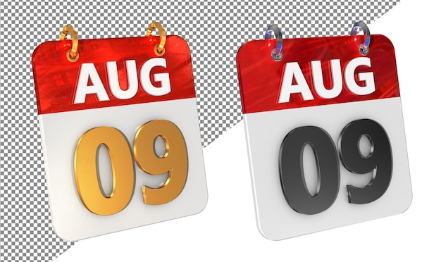 Noveno 9 de agosto Fecha Icon 3D Isolado Amplificador de oro Renderizado en 3D brillante