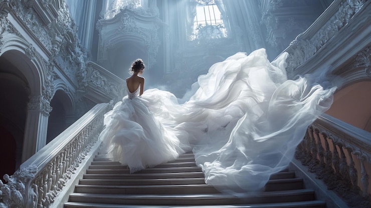 PSD la novia en un fluido vestido de novia subiendo la gran escalera en el opulento palacio 1