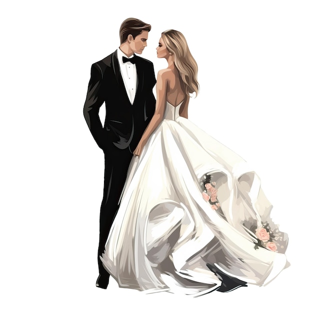 PSD novia vestido de novia blanco con novio traje negro fondo transparente png ilustración ai generado feliz boda png ilustración