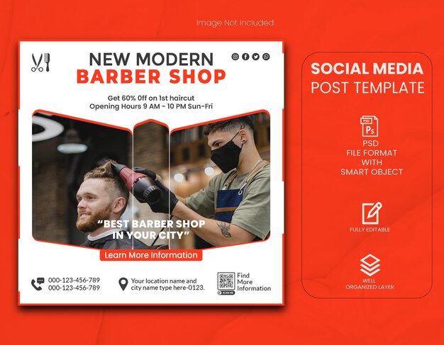 Novo post de mídia social de barbearia moderna e modelo de banner da web