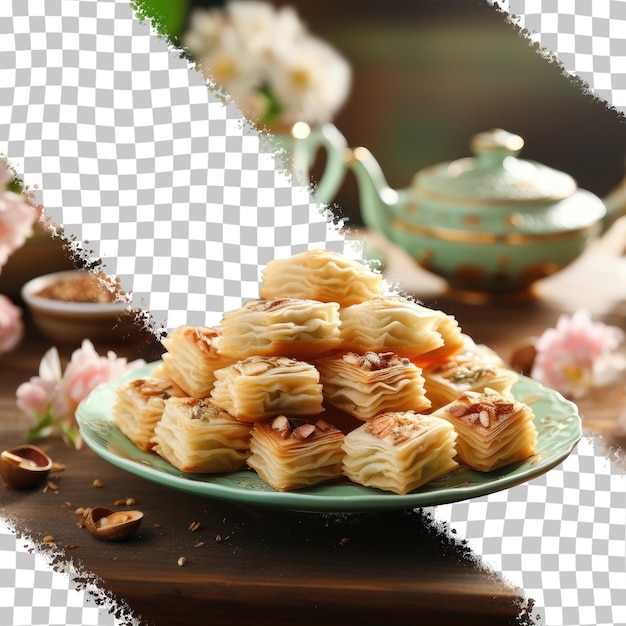 PSD novruz une fête de printemps en azerbaïdjan avec pâques et la présence de bonbons traditionnels comme le baklava et le shekerbura placés sur un fond transparent