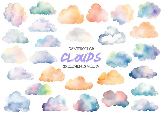 PSD nuages colorés peints à l'aquarelle éléments de design dessinés à la main isolés sur fond blanc