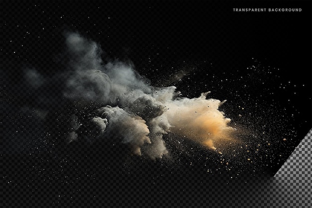 Nube de arena de polvo con piedras y partículas de polvo voladoras sobre un fondo transparente