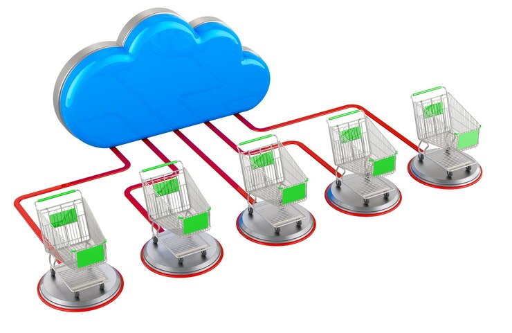 PSD nube de computadora con carrito de compras renderización 3d aislada en fondo transparente