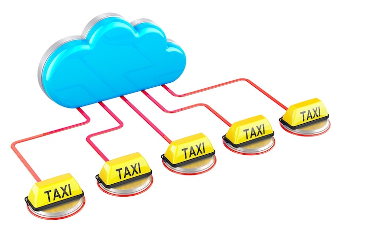 PSD nube de computadora conectada con el control de taxi del servicio de taxi renderización 3d aislada en fondo transparente