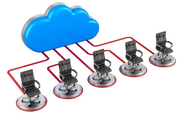 PSD nube de computadora con sillas de oficina concepto de conexión a internet rendering 3d aislado en un fondo transparente