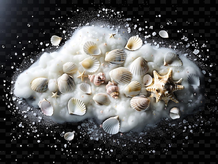 PSD nube de conchas marinas giratorias con conchas marines y espumoso mar foa color de neón colección de decoración de formas