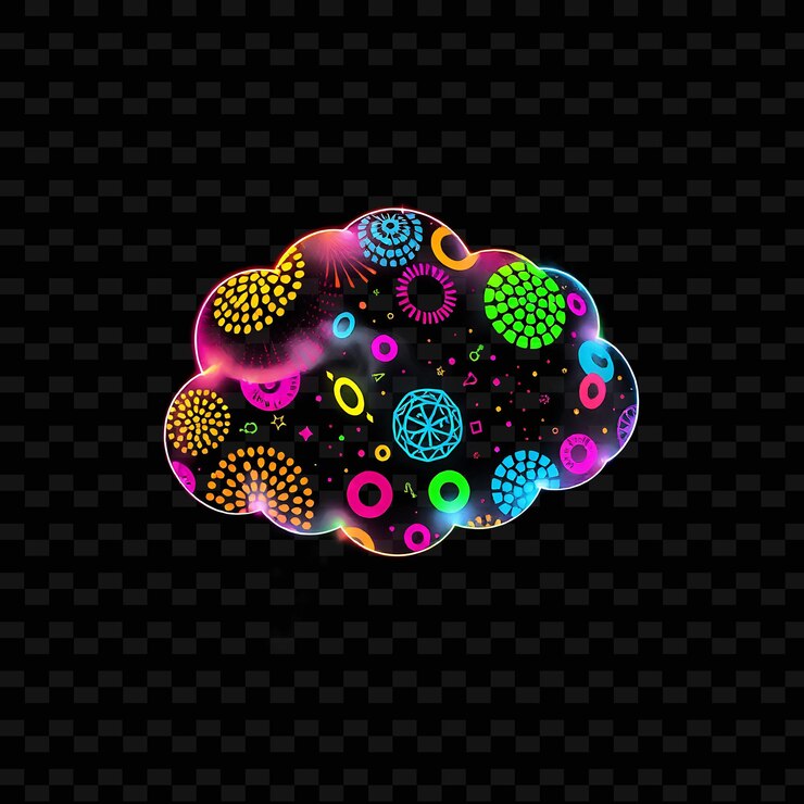 PSD nube de cultura pop con patrones de moda motivos populares y texturas actuales _isolated_neon_objectn