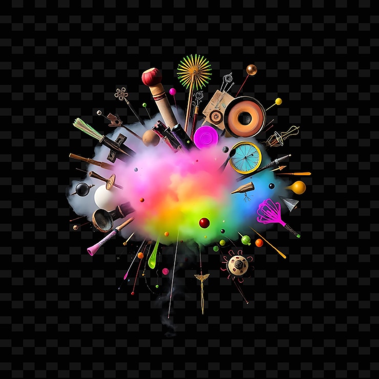 PSD nube dadaísta colgada con objetos encontrados formas aleatorias y patrones sin sentido_isolado_neon_objectn