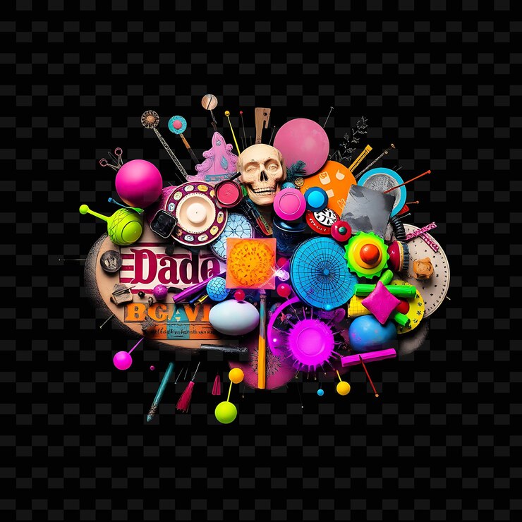 PSD nube dadaísta colgada con objetos encontrados formas aleatorias y patrones sin sentido_isolado_neon_objectn