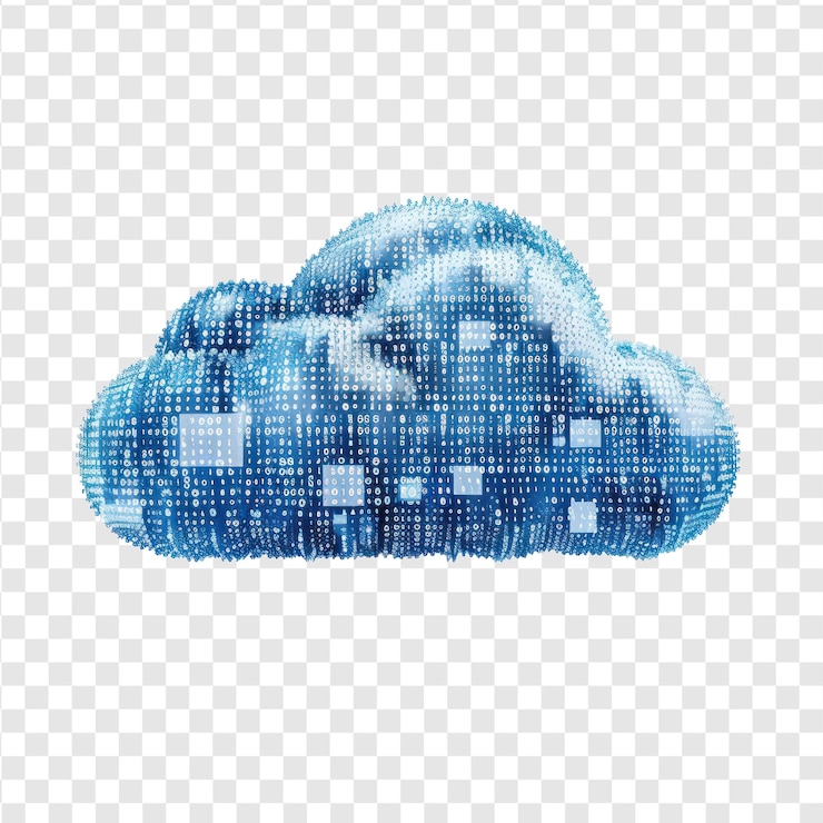 PSD nube de datos digitales moderna con código de encriptación vista delantera aislada en fondo de transparencia