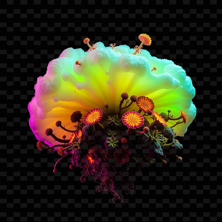 PSD una nube de esporas alienígenas que florece con vida vegetal extraterrestre bioluminescente fun_isolated_neon_objectg