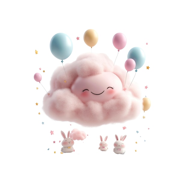 Nube feliz con globos y conejitos renderizado en 3D