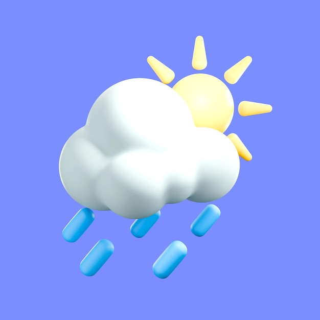 una nube de icono 3D con lluvia que tiene el sol en ella