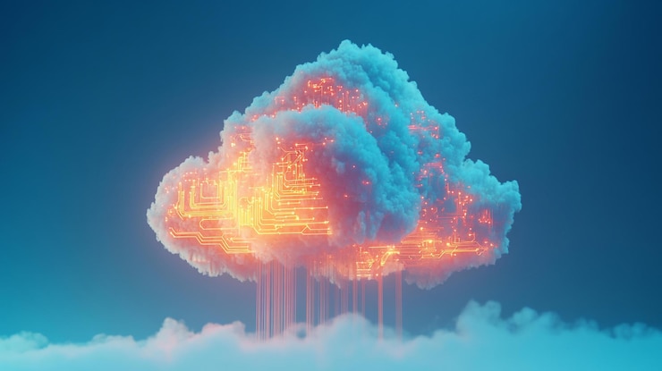 PSD nube iluminada con diseño de placa de circuito que simboliza la computación en la nube y el almacenamiento de datos