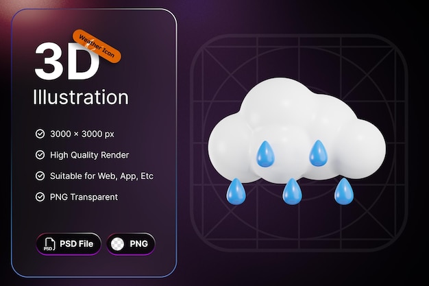 Nube de luz de lluvia de iconos de tiempo de renderizado 3d para aplicación de diseño de pronóstico y web