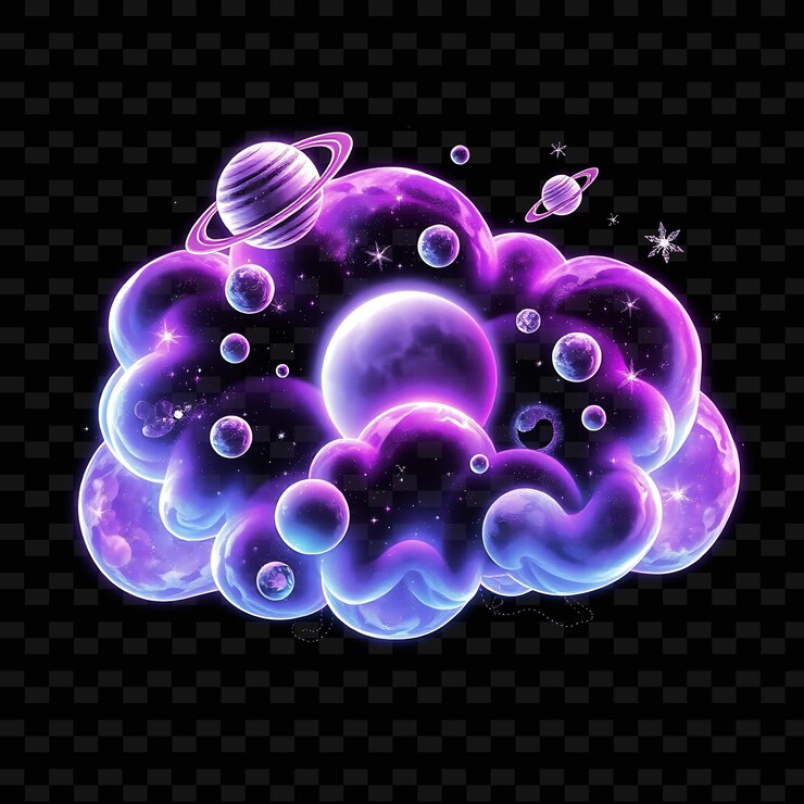 PSD nube de neón celestial adornada con planetas galaxias y fenómenos cósmicos e_isolado_neón_objeto