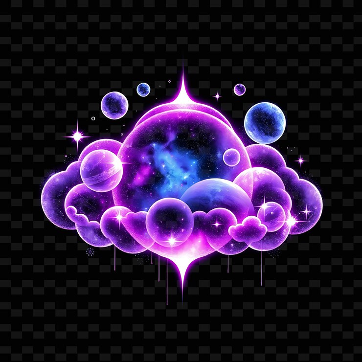 PSD nube de neón celestial adornada con planetas galaxias y fenómenos cósmicos e_isolado_neón_objeto
